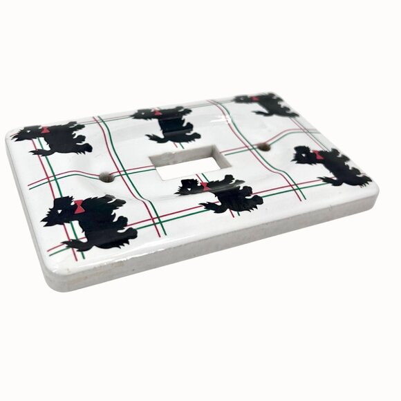 Vintage Jasco Scottie Dog Switch Plate Cover W/ Red Bows & Plaid Single Toggle - Picture 3 of 5